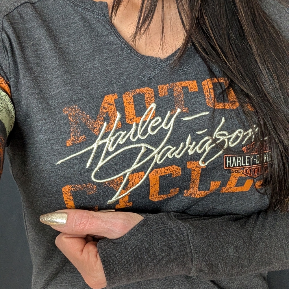 Harley-Davidson Women’s Gray Long Sleeve Graphic Top - Orange Accent